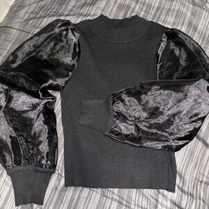 Chic Black Sweater with Sheer Puff Sleeves